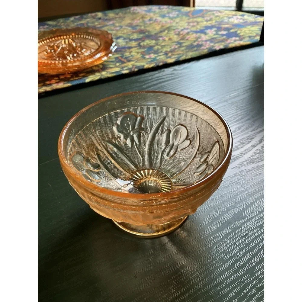 Mini Bundle Jeanette Iris & Herringbone Marigold Glass‎ Footed Bowl & (2) Plates
